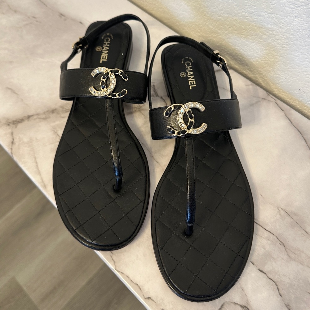 CHANEL Black and Gold CC Sandals 41.5